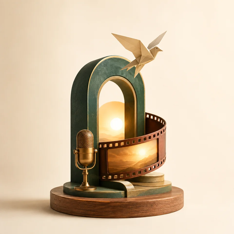 A paper bird takes flight above a green arch, a golden microphone and a ribbon of film.