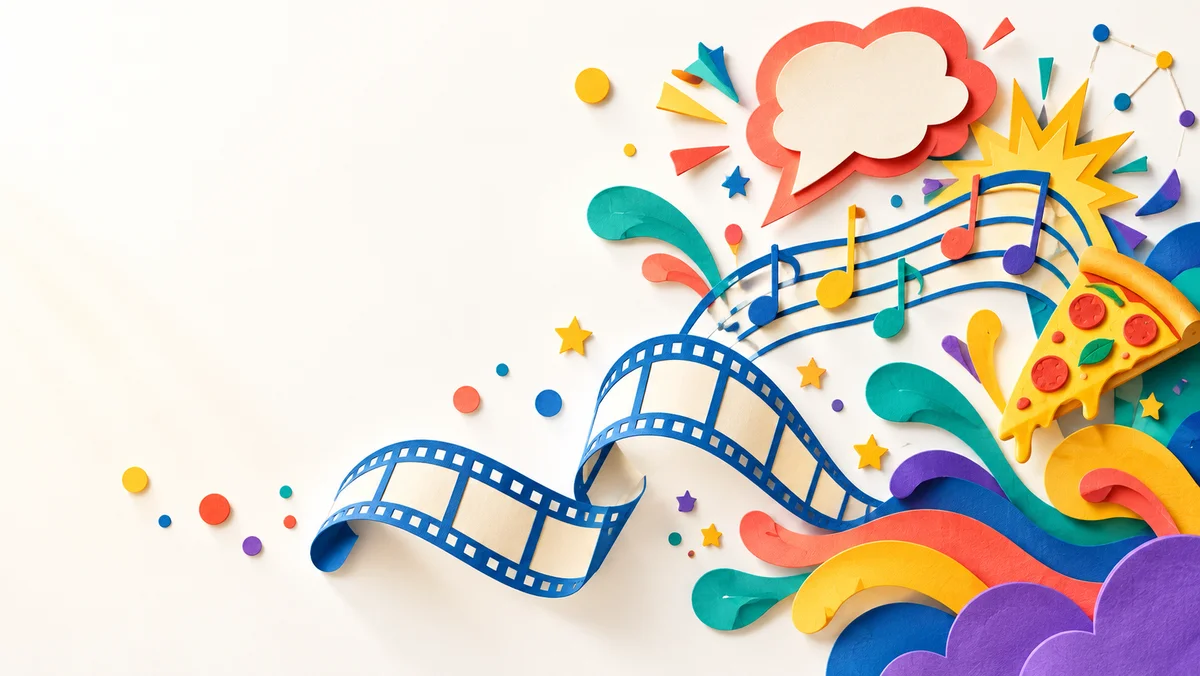 Bright illustrated collage of a filmstrip, music, comics and playful ideas.